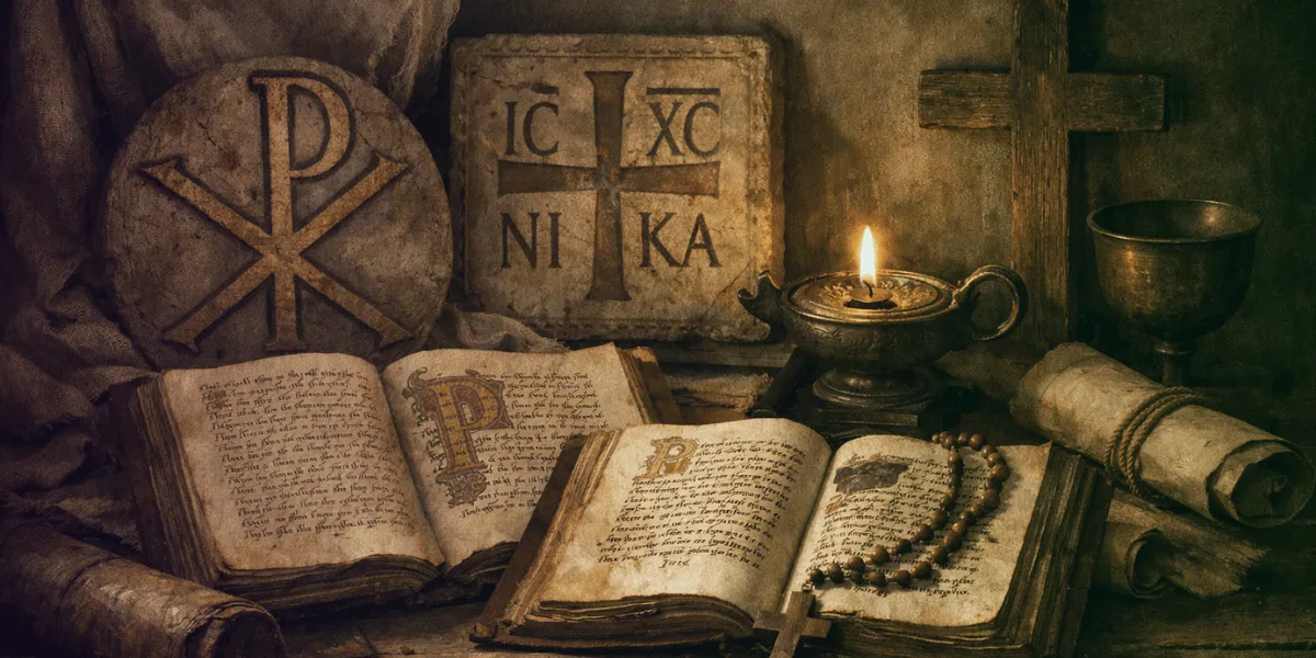 Ancient texts and religious symbols.