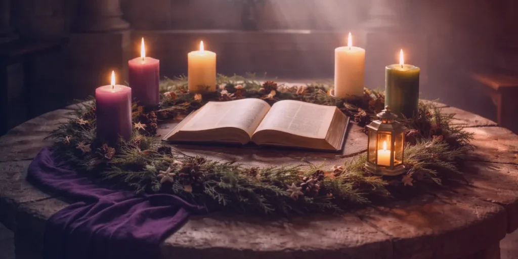 Advent wreath with candles and Bible